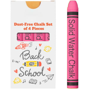 A dust-free chalk set featuring four pink sticks, packaged in a white box with illustrations and a logo.