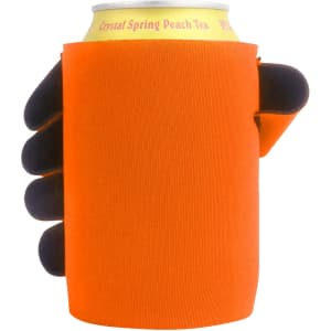 An orange stubby holder designed to fit around a drink can, featuring a hand-shaped grip.