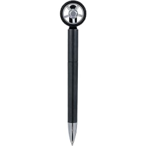 A black pen featuring a fidget spinner design shaped like a tyre, with a silver tip and a logo on the body.