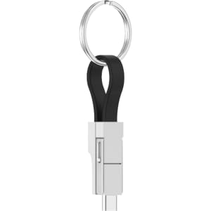 A black and silver magnetic charging cable attached to a keyring, designed for easy storage and portability.