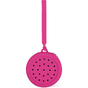 A round pink silicone pouch with holes and a wrist strap, featuring a zipper closure.