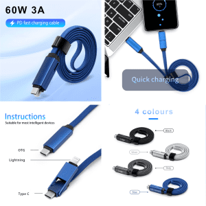 A blue 60W long 3-in-1 charging cable with USB-C, Lightning, and micro USB connectors, featuring a logo.