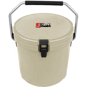 A 12L ice bucket in a light beige colour, featuring a silver handle and a secure lid, with a logo on the front.