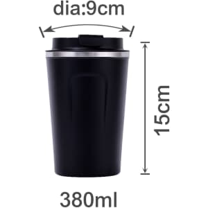 A stainless steel coffee mug with a sleek black exterior, measuring 15cm in height and 9cm in diameter, featuring a lid.