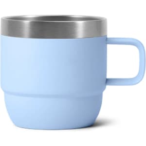 A stackable stainless steel mug in light blue with a stainless steel rim and a handle. It features a simple design.
