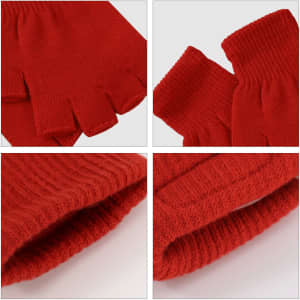 A pair of red knitted fingerless gloves, featuring a textured design and cut-off fingertips for easy movement.