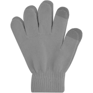 Plain grey knitted gloves featuring a woven label. The gloves have five finger compartments and a ribbed cuff.