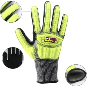 A pair of heavy-duty safety work gloves in grey and bright yellow, featuring textured palms and finger protection.