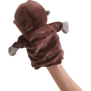 A brown plush monkey hand puppet with grey details, held up by a hand against a white background.