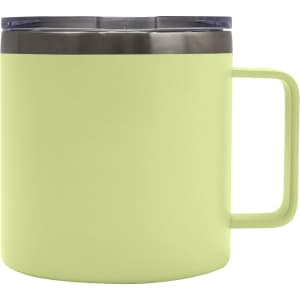 A drink bottle in a pastel green colour, made of stainless steel with a handle and a lid. It features a logo.