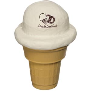A stress reliever shaped like an ice cream cone, featuring a white scoop and a tan cone. Includes a logo.