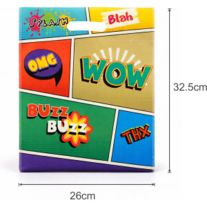 A vibrant multi-colour tote bag featuring various comic-style speech bubbles and a logo. Dimensions are 26cm x 32.5cm.