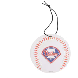 A round car air freshener designed like a baseball, featuring a team logo and red stitching details.