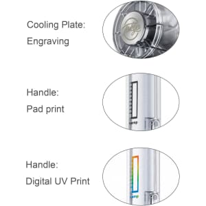 A transparent cooling fan featuring a silver cooling plate, a printed handle, and digital UV printing elements.