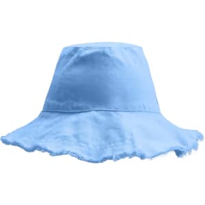 A light blue bucket hat with a raw edge design. It features a simple, unbranded appearance.