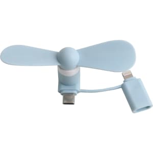 A light blue 2 in 1 smartphone fan with a USB-C connector and adapter for easy attachment to devices.