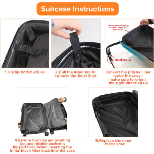 A suitcase interior with a removable inner liner, featuring black material and buckles. Instructions for use are visible.