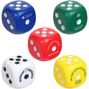 A collection of five colourful foam dice in red, blue, yellow, green, and white, featuring various logos.