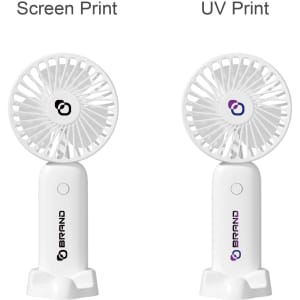 A handheld fan in white with a phone stand, featuring two print styles and a logo.