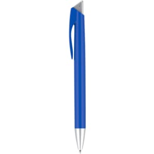 A blue plastic pen with a silver tip and a clip, featuring a logo on its surface.