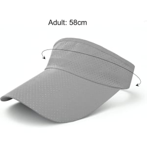 A breathable sun visor in grey, featuring a wide brim and perforated design for ventilation. It includes a sizing detail.
