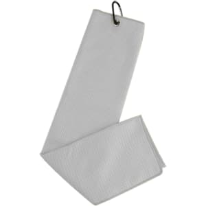 A waffle-textured white golf towel with a metal carabiner for attachment.