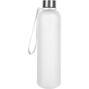 A drink bottle in transparent white with a stainless steel lid and a carrying strap. It has a logo.