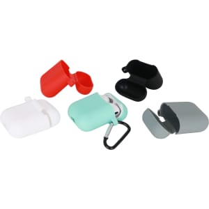A collection of silicone protection cases for AirPods in red, white, black, grey, and mint green, featuring a carabiner.