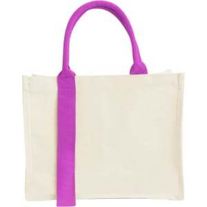 A cream canvas tote bag with a bright purple handle and a simple design. It features a logo on one side.