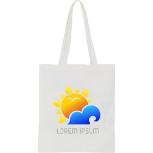 A white cotton tote bag with a colourful sun and wave design, featuring a logo at the bottom.