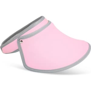 A pink 360° swivel sun visor hat with a grey trim, featuring a logo on the band.