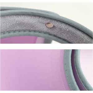 A green visor hat with a light purple interior and visible stitching details. It has a logo on the side.