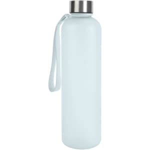 A drink bottle in light blue with a stainless steel lid and a carrying strap. It has a logo on it.