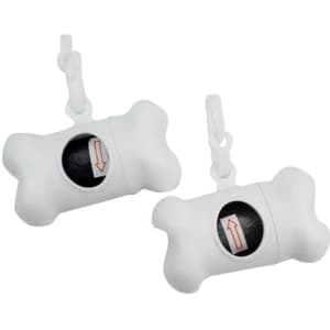 A white bone-shaped pet wastebag dispenser with a clip attachment and a circular opening for easy access to bags.