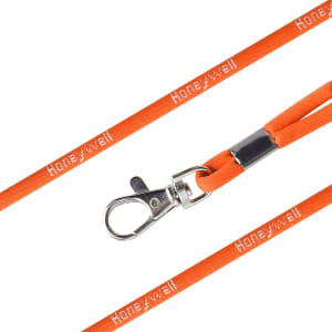An orange poly rope lanyard with a silver clip and branding, suitable for exhibitions and events.