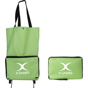 A green collapsible shopping trolley bag with a removable storage compartment and a logo.