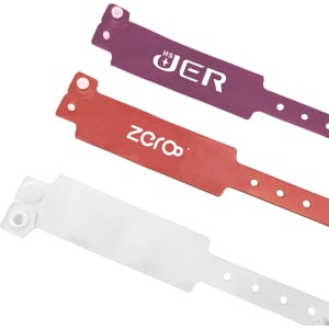 Three disposable PVC wristbands in purple, red, and white, featuring different logos and designs.