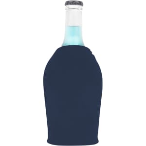 A drink bottle cooler in navy blue with a zipper, designed to fit a standard bottle.