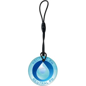 A round, blue NFC epoxy tag with a black strap and a logo design featuring a water droplet.