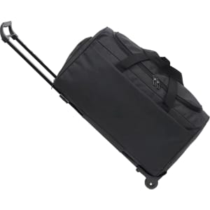 A wheeled duffel bag in black with a retractable handle and side straps for easy carrying. It features a logo.