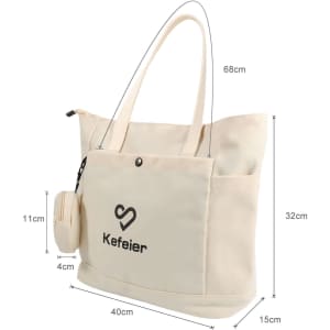 A cream casual canvas bag with two handles, a front pocket, and a small detachable pouch featuring a logo.