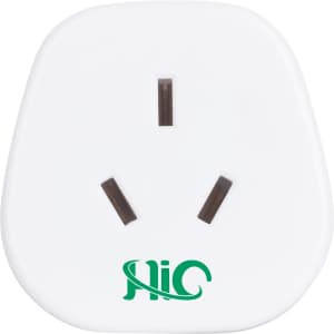 A white universal travel adaptor designed for AU to US compatibility, featuring three rectangular prongs and a logo.