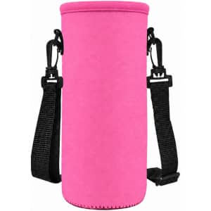 A drink bottle carrier in bright pink, featuring adjustable black straps and a logo. Ideal for leisure and outdoor activities.
