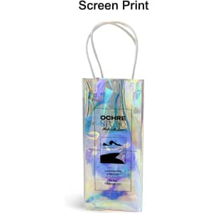 A PVC wine ice bag in iridescent colours with a logo and two handles.