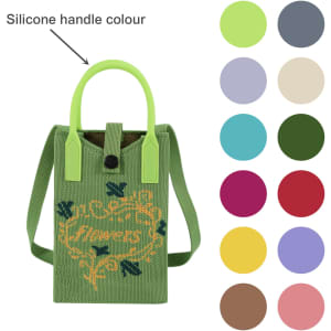 A green knitted phone crossbody bag with a silicone handle in contrasting colour and floral design, displayed amongst colour swatches.