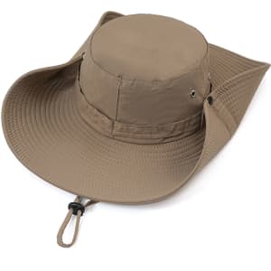 A wide brim sun hat in beige with a round crown and adjustable chin strap. Features ventilation holes on the sides.