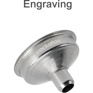 A stainless steel mini funnel with a shiny finish and a branding logo on the side.