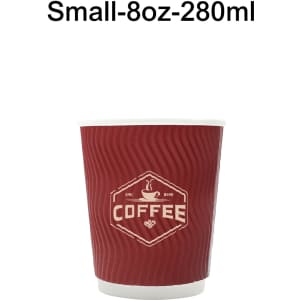 A red double-wall corrugated paper cup designed for beverages, featuring a coffee-themed logo.