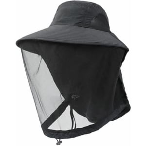 A black mosquito mesh hat with a wide brim and a protective mesh face cover. Features an adjustable chin strap.