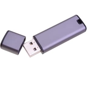 A grey flash drive with a removable cap, featuring a USB connector and a small branding logo.